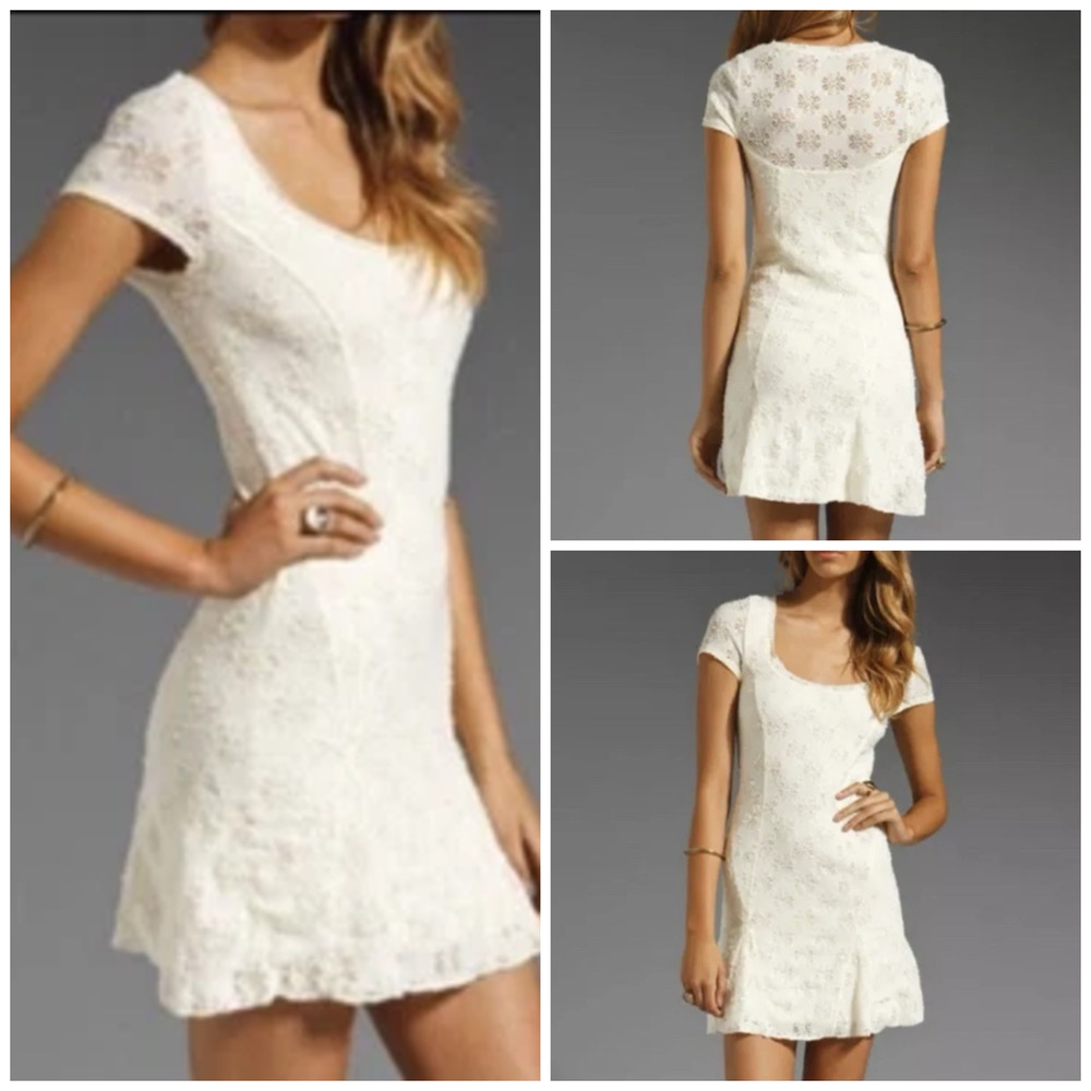 Free People Daisy Godet Dress M Short Sleeve Mini Lace Ivory Cream Pale yellow